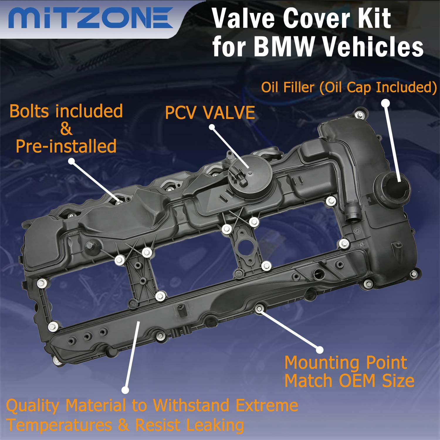 Mitzone N55 Engine Valve Cover With Gasket Bolts Kit & Oil Cap For Bmw 2010-2017 335I 535I 2011-2019 X5 X3 X6 2013-2015 740I 740Li 3.0L Part# 11127570292